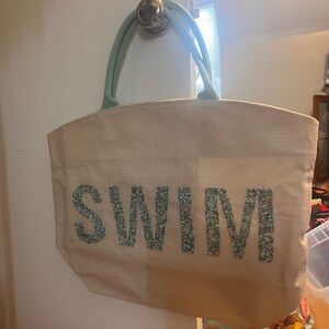 Large SWIM Tote Bag - Cream with Blue Accents